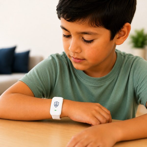 Child wearing the screenless PaShield sensor wearable on their wrist.